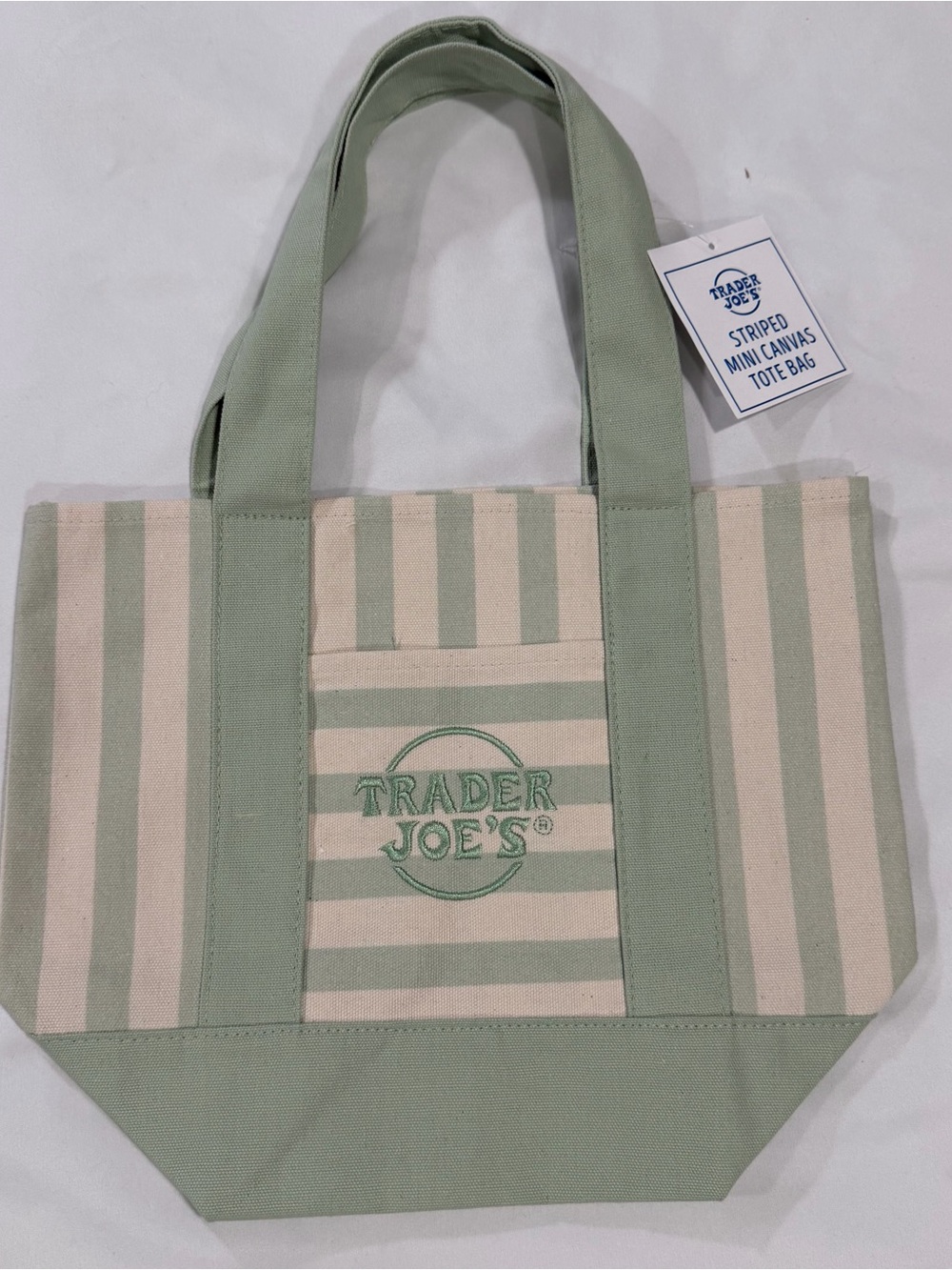 Trader Joe's Striped Mini Canvas Tote Bag GREEN Seashore Pastel NWT